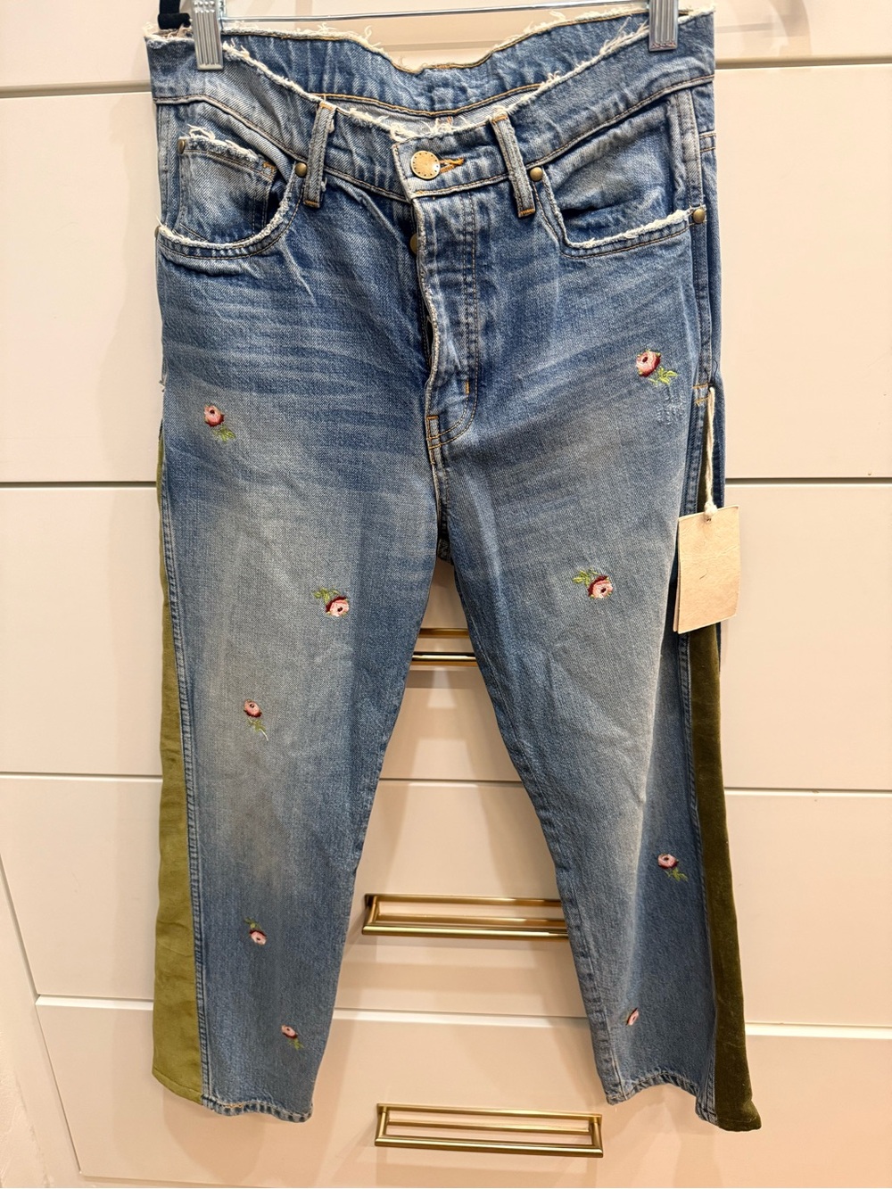 Women’s Blue hand  Embroidered Jeans with Olive velvet Side Panels